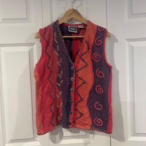 Vintage 90s Sigrid Olsen Artsy Ramie Cotton Knit Vest Boho Patchwork Small